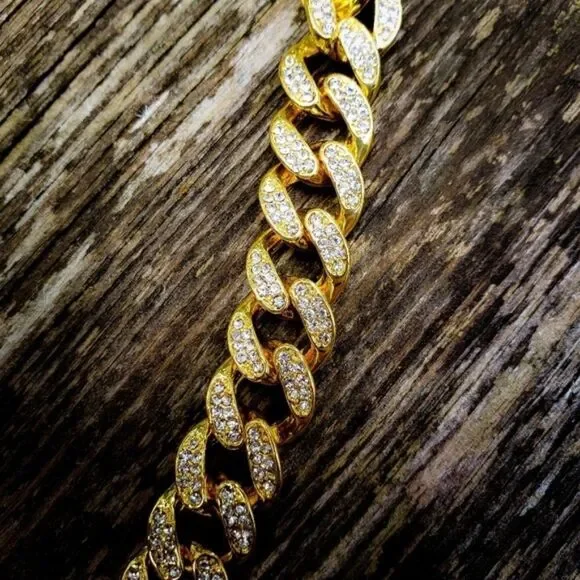 Gold Iced out 12mm Hip Hop Cuban Bracelet - Picture 2 of 3